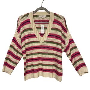LOFT Women's Large Striped V Neck‎ Sweater Colorful Knit Pullover Casual